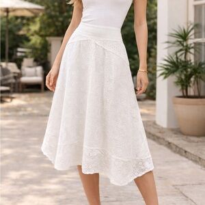 Free People White Eyelet Handkerchief Hem Midi Skirt | Boho Romantic | sz 10